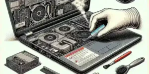 Alt text: "Person using a can of compressed air to safely clean laptop vents, demonstrating step-by-step laptop maintenance for optimal airflow and performance."