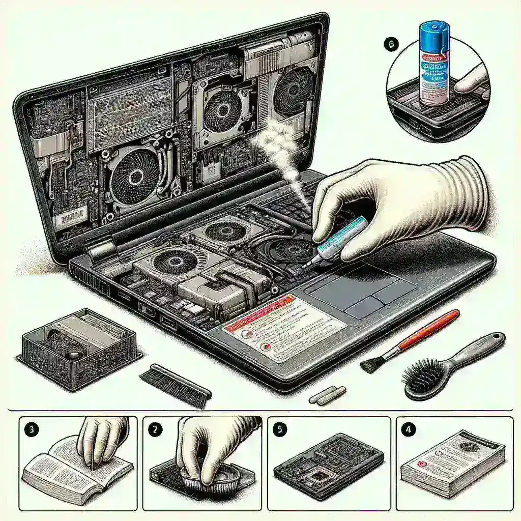 Alt text: "Person using a can of compressed air to safely clean laptop vents, demonstrating step-by-step laptop maintenance for optimal airflow and performance."
